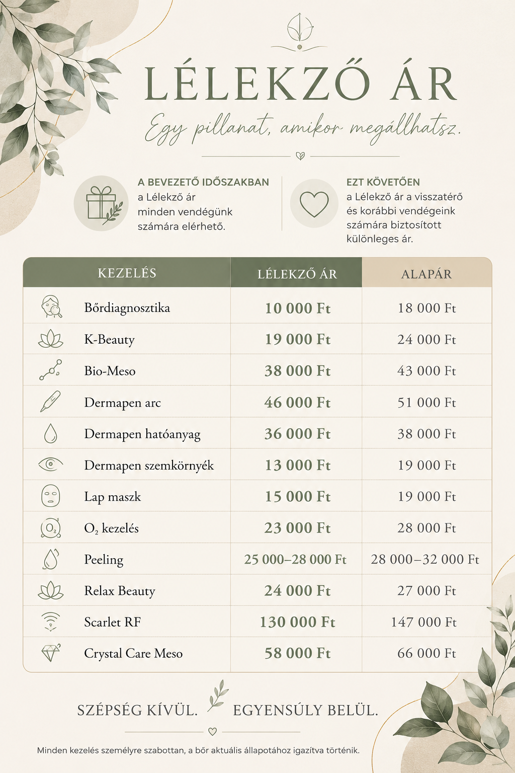 esztétikai kezelések árlista